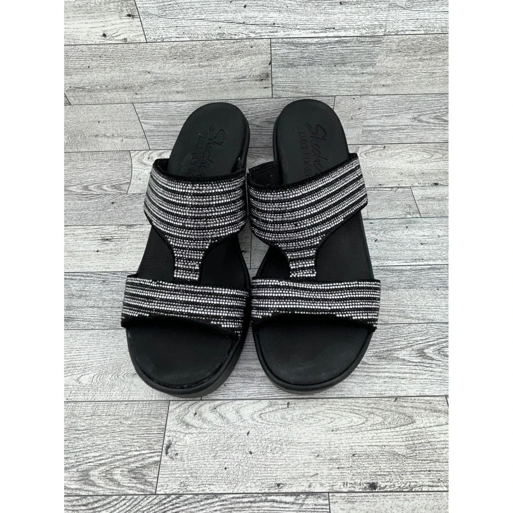 Skechers Luxe Foam Black Silver Rhinestone Wedge Sandals 119001 BKSL Women Sz 10